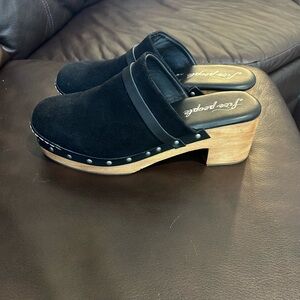 FP Movement by Free People Black Suede Mules with Wooden Heel